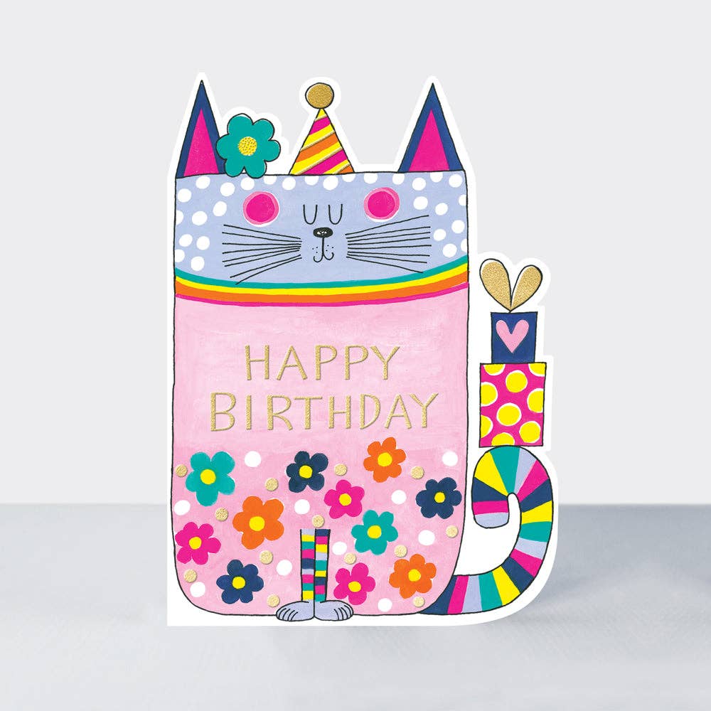 Cat Happy Birthday Card – Colourful Cut-Out Design with Gold Foil