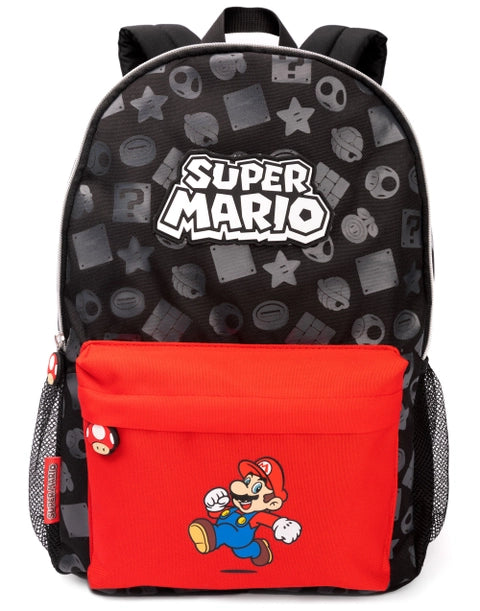 Black and red Super Mario kids backpack featuring Mario graphic, mushroom zipper pulls, and gaming icon pattern