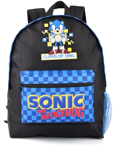 “Sonic the Hedgehog kids backpack in black with blue checkered front pocket and ‘Class of 1991’ graphic.”