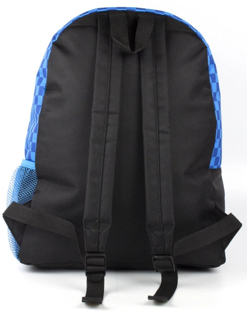 “Sonic the Hedgehog kids backpack in black with blue checkered front pocket and ‘Class of 1991’ graphic.”