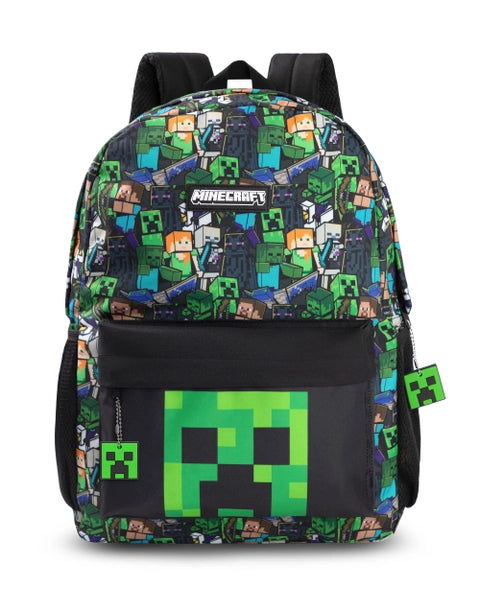 Minecraft kids backpack with Creeper front panel and character pattern featuring Steve, Alex, Creepers and zombies.