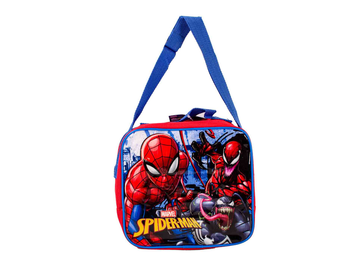 Marvel Spider-Man 3-piece lunch set with insulated lunch bag, matching lunchbox, and red water bottle featuring Spider-Man graphics.

