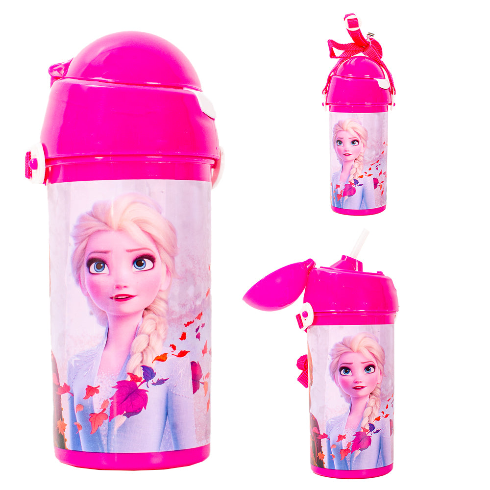 Frozen Elsa pink kids water bottle with flip straw lid and wrist strap
