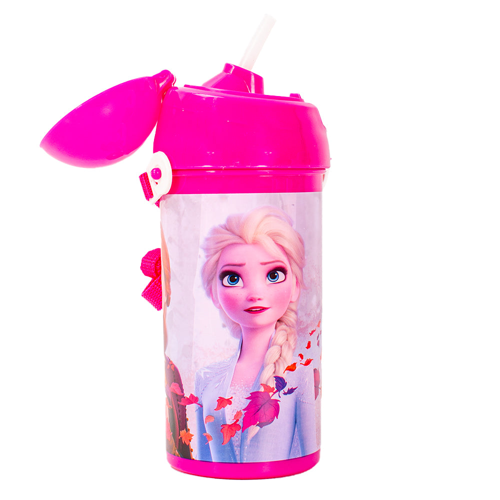 Frozen Elsa pink kids water bottle with flip straw lid and wrist strap
