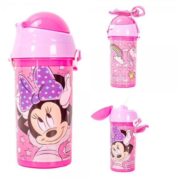Minnie Mouse pink kids water bottle with flip straw lid and wrist strap

