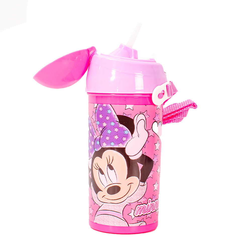 Minnie Mouse pink kids water bottle with flip straw lid and wrist strap
