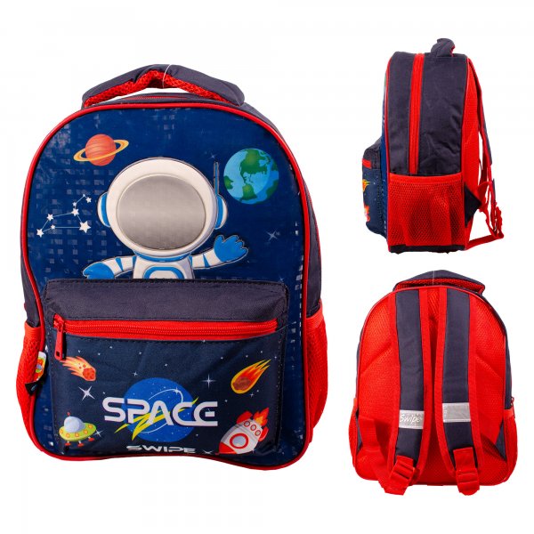 Space astronaut backpack with planets and rocket design and red padded straps