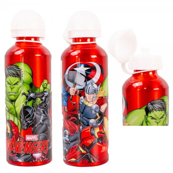 Avengers red aluminum kids water bottle with flip top lid and superhero designs
