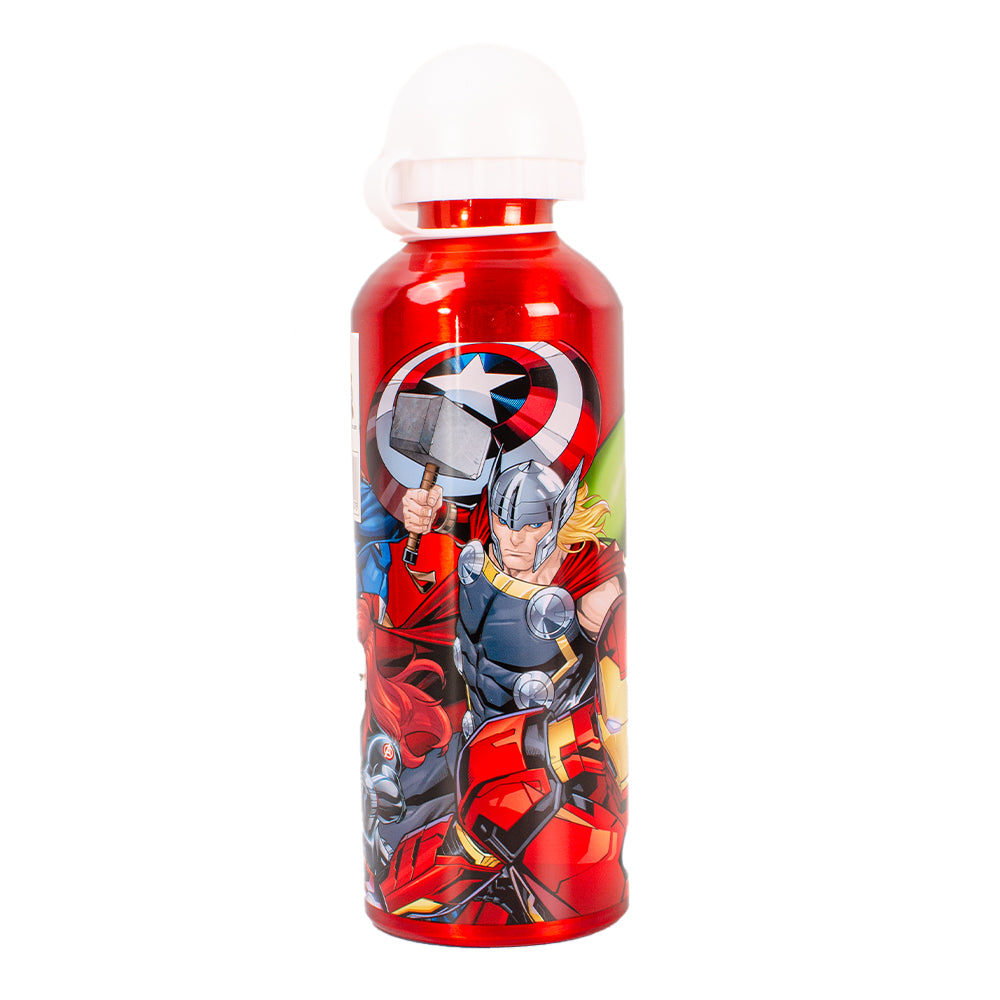 Avengers red aluminum kids water bottle with flip top lid and superhero designs
