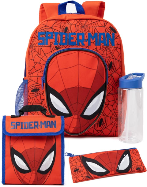 Marvel Spider-Man kids 4-piece backpack set featuring large red Spider-Man face backpack, matching lunch bag, water bottle, and pencil case
