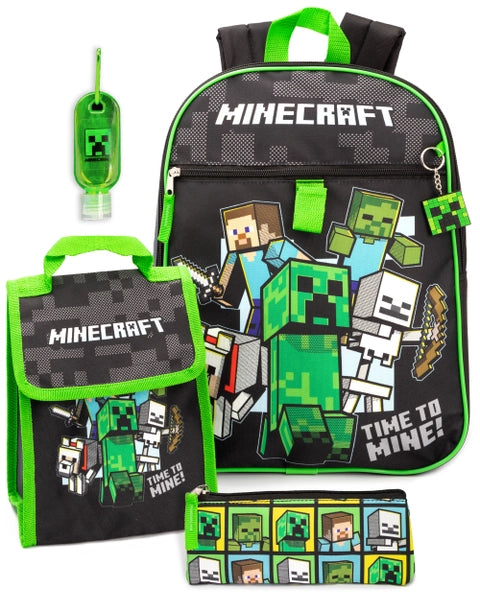 Minecraft kids backpack set with matching lunch bag, pencil case and hand sanitiser holder featuring Creeper and characters
