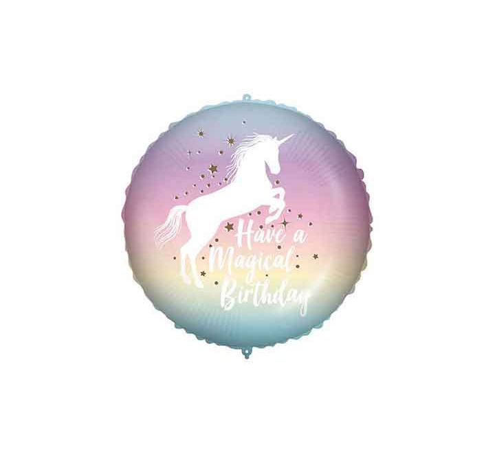 Round pastel rainbow unicorn foil balloon with “Have a Magical Birthday” text.
