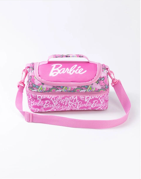 Barbie pink lunch bag with water bottle and snack box set