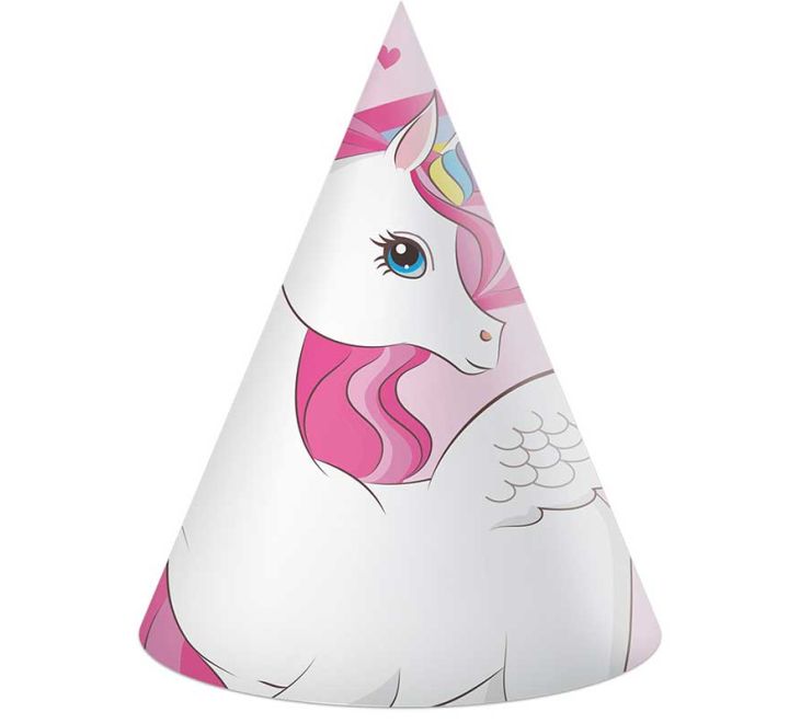 Pink and white unicorn-themed party cone hat with pastel rainbow details.
