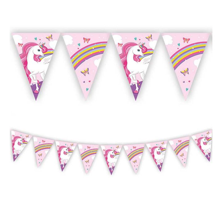 Pink unicorn bunting banner with alternating unicorn and rainbow flags for party decoration.
