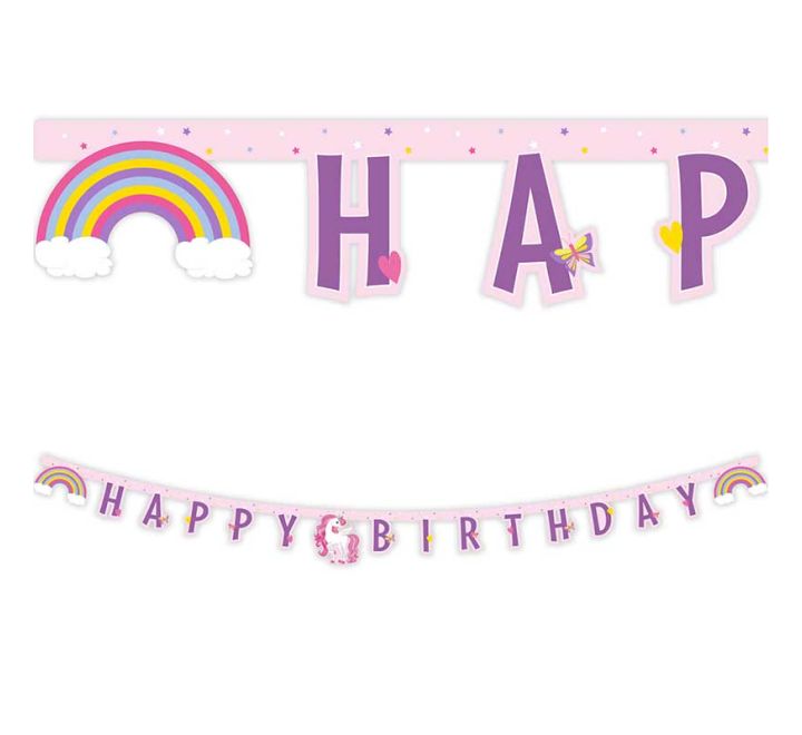 Unicorn Happy Birthday banner with pastel rainbow and purple letters for party decoration.
