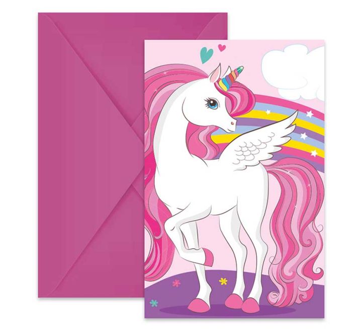 Unicorn birthday party invitation card with pink envelope, featuring a white unicorn with rainbow background.
