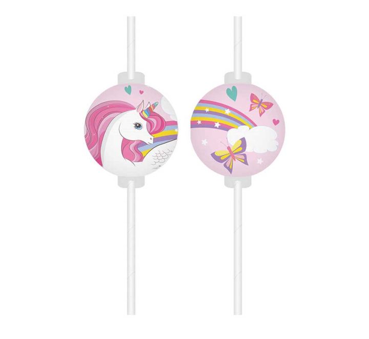 Unicorn themed paper straws with pastel unicorn and rainbow medallion decorations, pack of 4.
