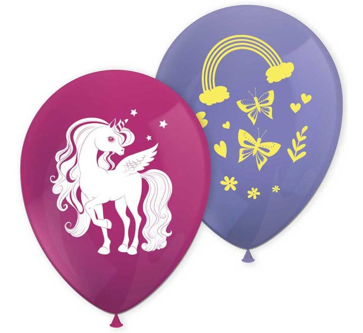 Pack of 8 unicorn-themed latex balloons in assorted colours with unicorn, rainbow, and butterfly designs.
