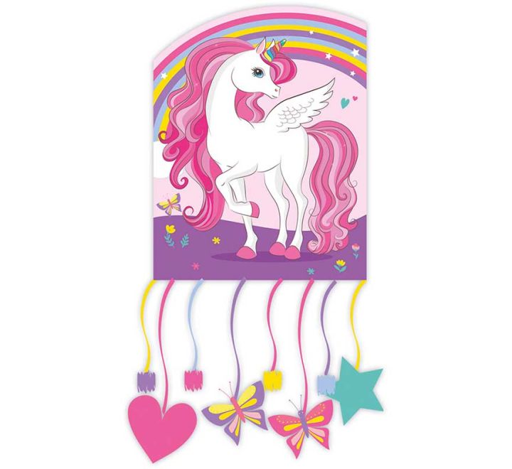 Unicorn Party Piñata with Ribbons – Rainbow & Pink Design