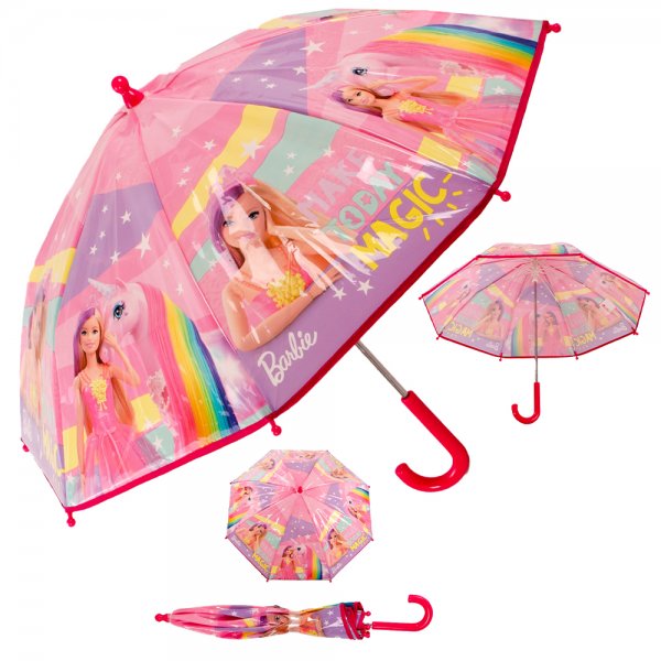 Pink Barbie umbrella featuring a rainbow design and character artwork, with curved handle and matching wrap strap shown open and closed on a white background ☔✨
