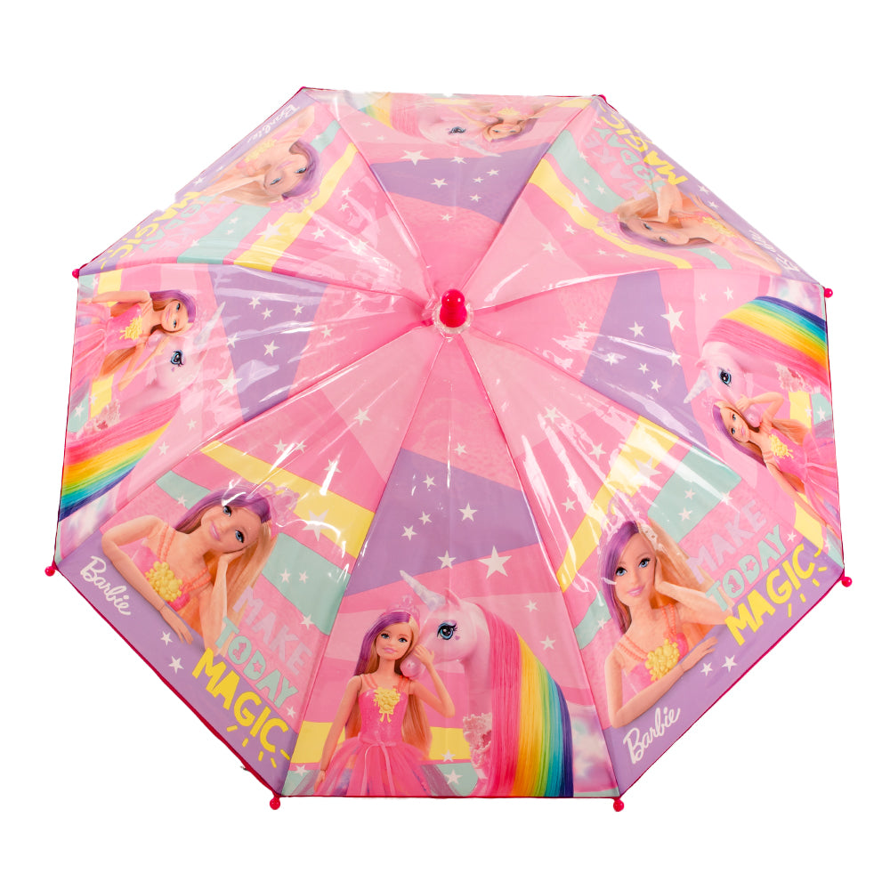 Pink Barbie umbrella featuring a rainbow design and character artwork, with curved handle and matching wrap strap shown open and closed on a white background ☔✨