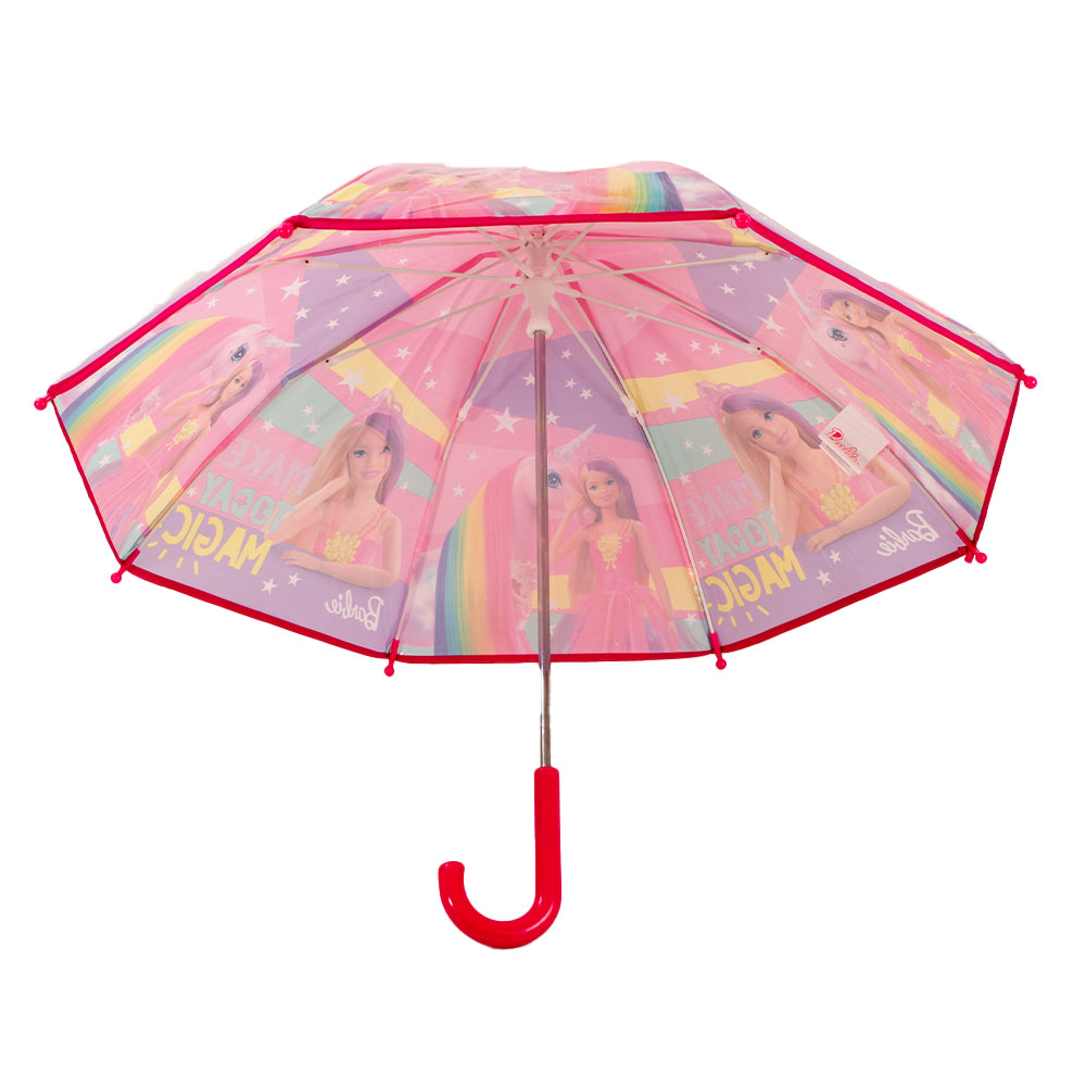 Pink Barbie umbrella featuring a rainbow design and character artwork, with curved handle and matching wrap strap shown open and closed on a white background ☔✨