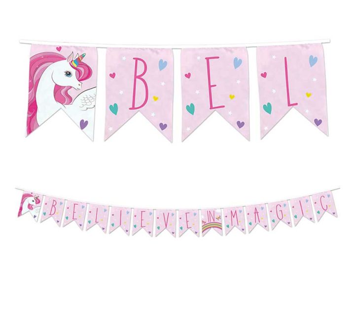 Pink unicorn party banner with pastel flags spelling “Believe in Magic” and a unicorn illustration on the first flag.
