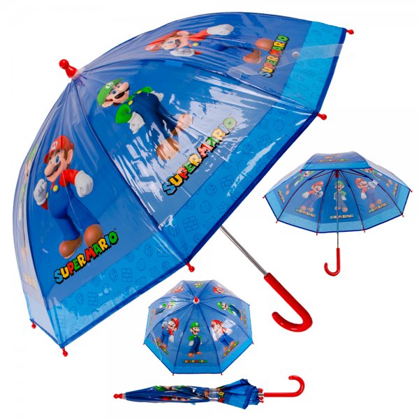 Blue Super Mario kids umbrella with Mario and Luigi characters, transparent dome canopy and red curved handle, shown open and folded on a white background ☔🍄