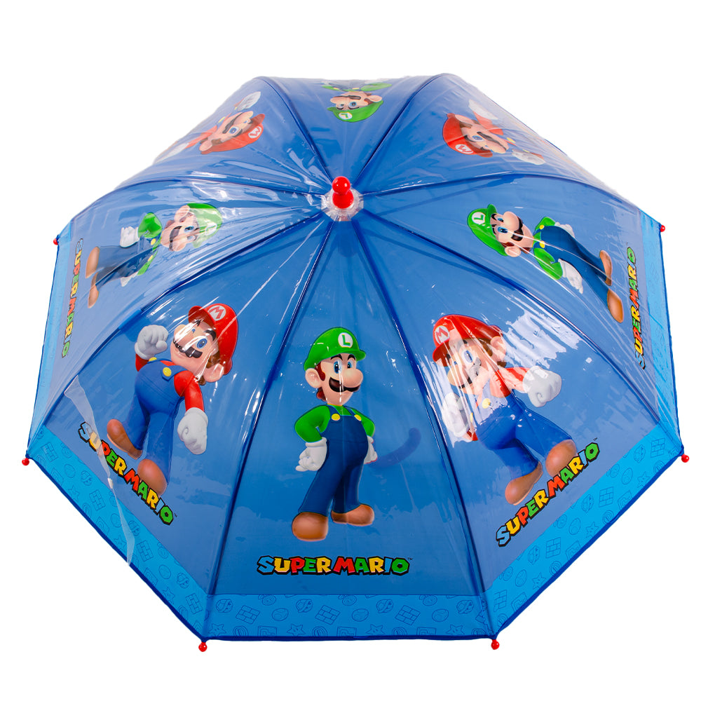 Blue Super Mario kids umbrella with Mario and Luigi characters, transparent dome canopy and red curved handle, shown open and folded on a white background ☔🍄