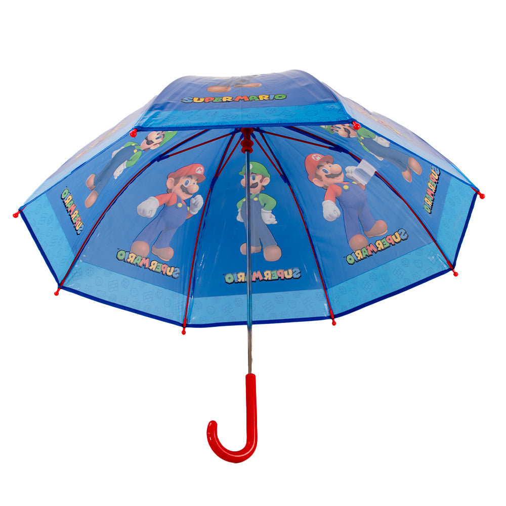 Blue Super Mario kids umbrella with Mario and Luigi characters, transparent dome canopy and red curved handle, shown open and folded on a white background ☔🍄