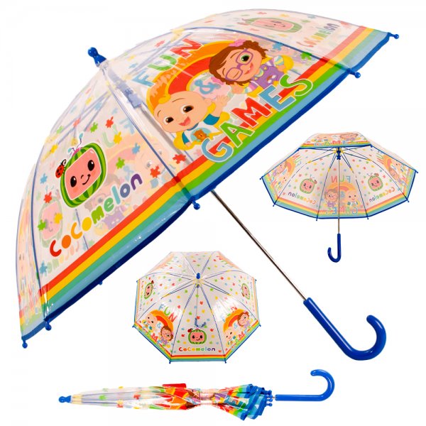 CoComelon transparent dome umbrella with rainbow trim and blue handle, shown open and folded against a white background 🌈☔