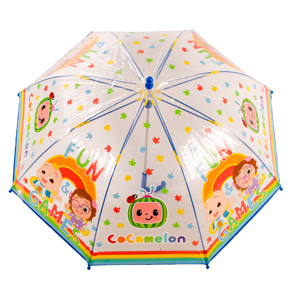 CoComelon transparent dome umbrella with rainbow trim and blue handle, shown open and folded against a white background 🌈☔