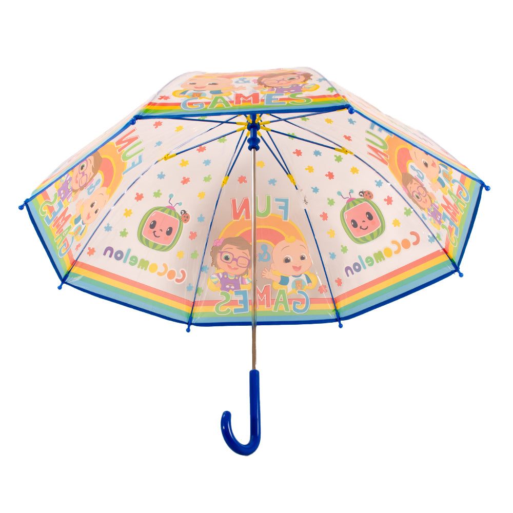 CoComelon transparent dome umbrella with rainbow trim and blue handle, shown open and folded against a white background 🌈☔