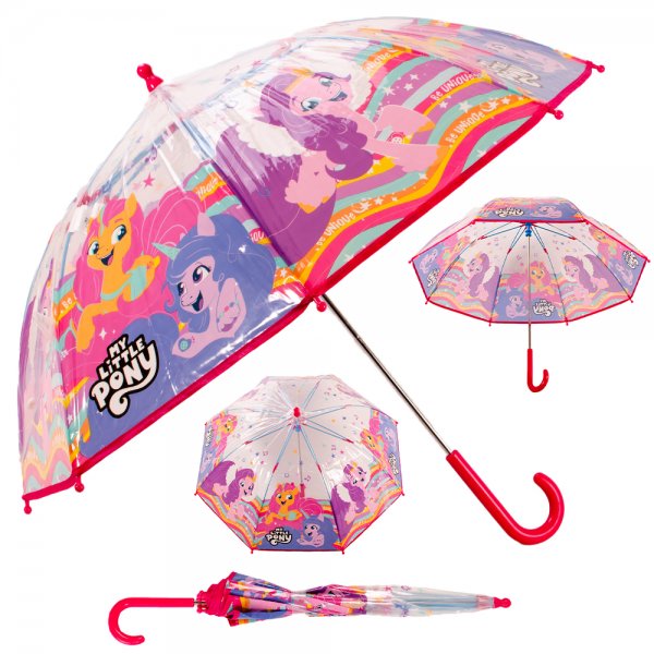 My Little Pony transparent dome umbrella with rainbow artwork and pink handle, shown open and folded on a white background 🌈☔