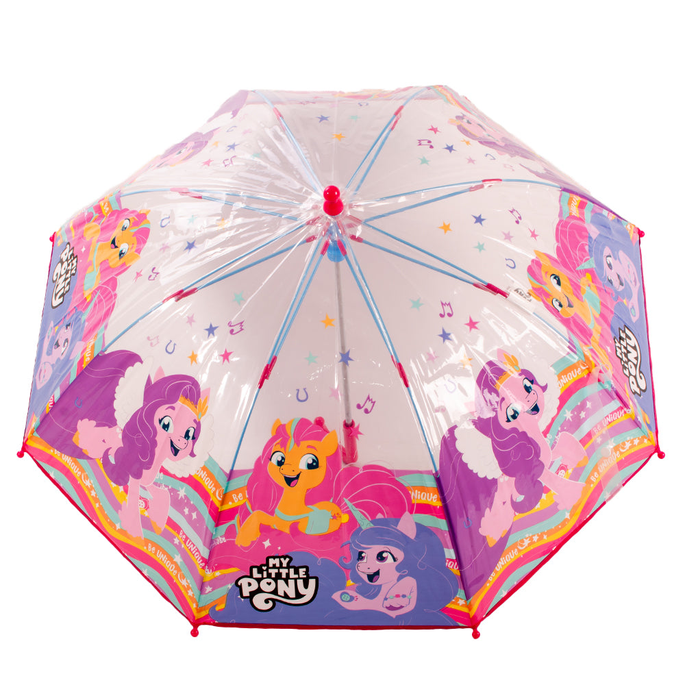 My Little Pony transparent dome umbrella with rainbow artwork and pink handle, shown open and folded on a white background 🌈☔