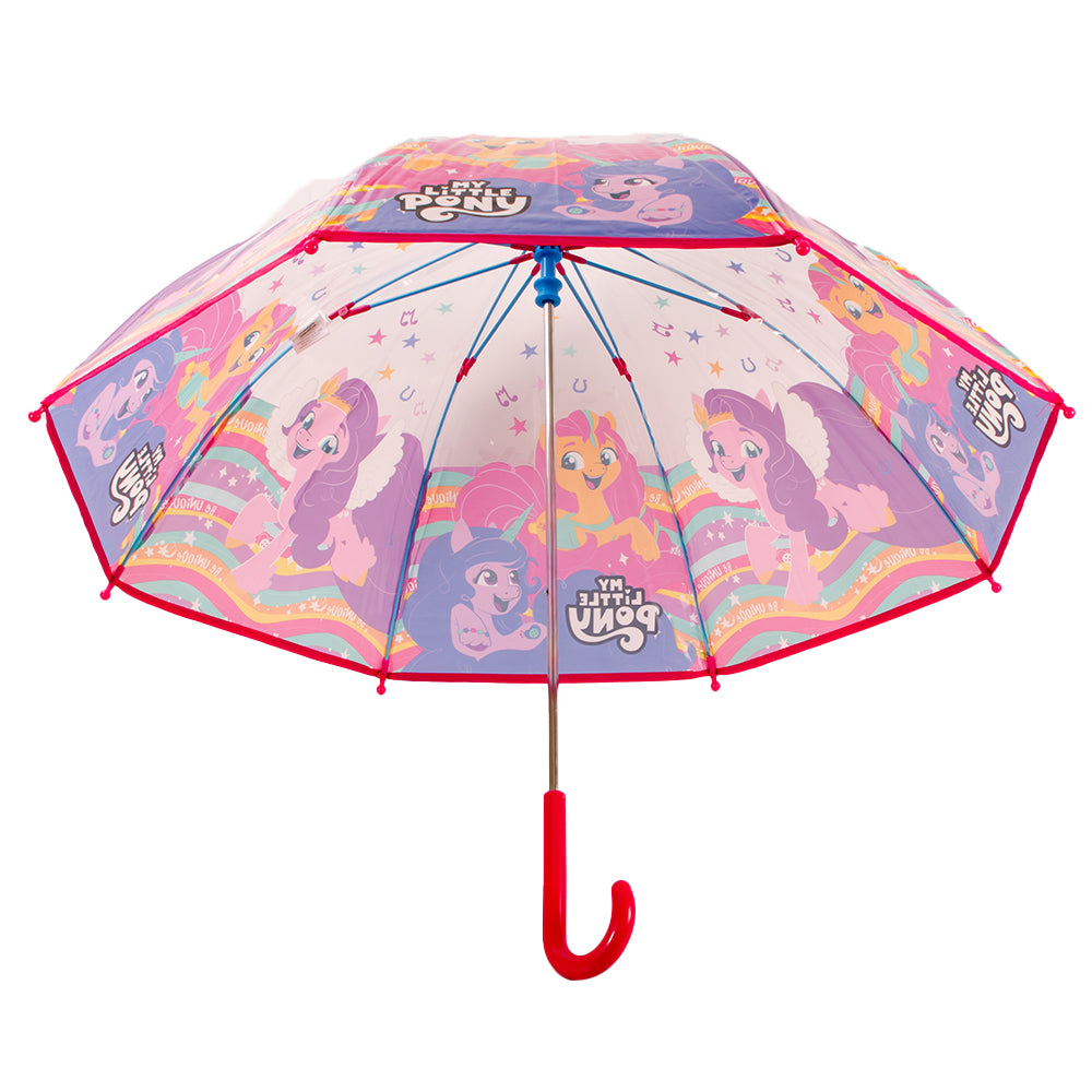 My Little Pony transparent dome umbrella with rainbow artwork and pink handle, shown open and folded on a white background 🌈☔