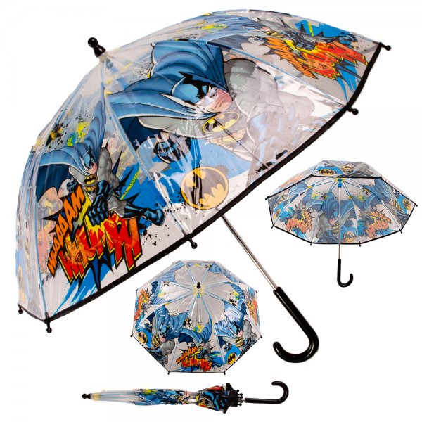 Batman kids umbrella with transparent dome canopy showing comic artwork, black curved handle, displayed open and folded on a white background 🦇☔