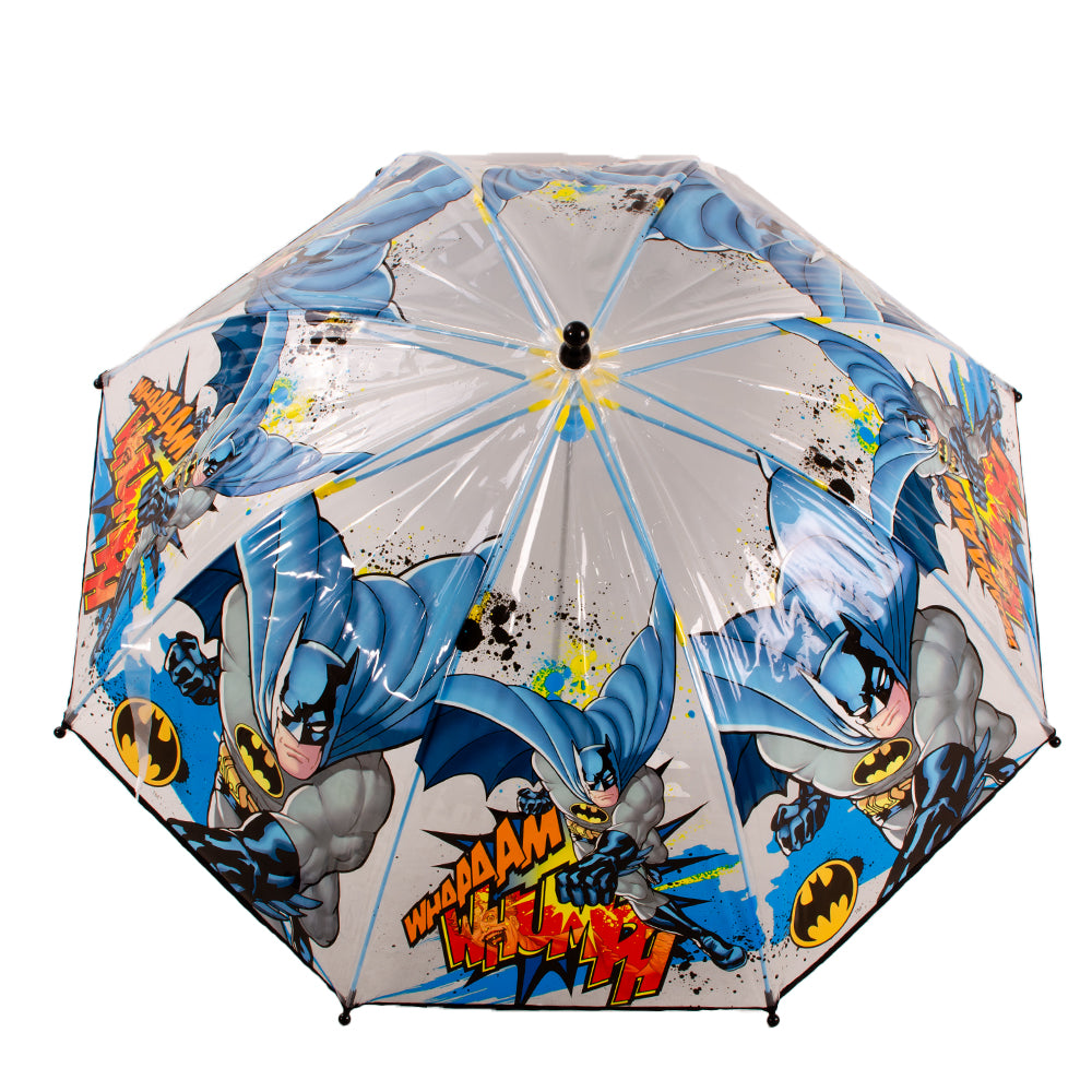 Batman kids umbrella with transparent dome canopy showing comic artwork, black curved handle, displayed open and folded on a white background 🦇☔