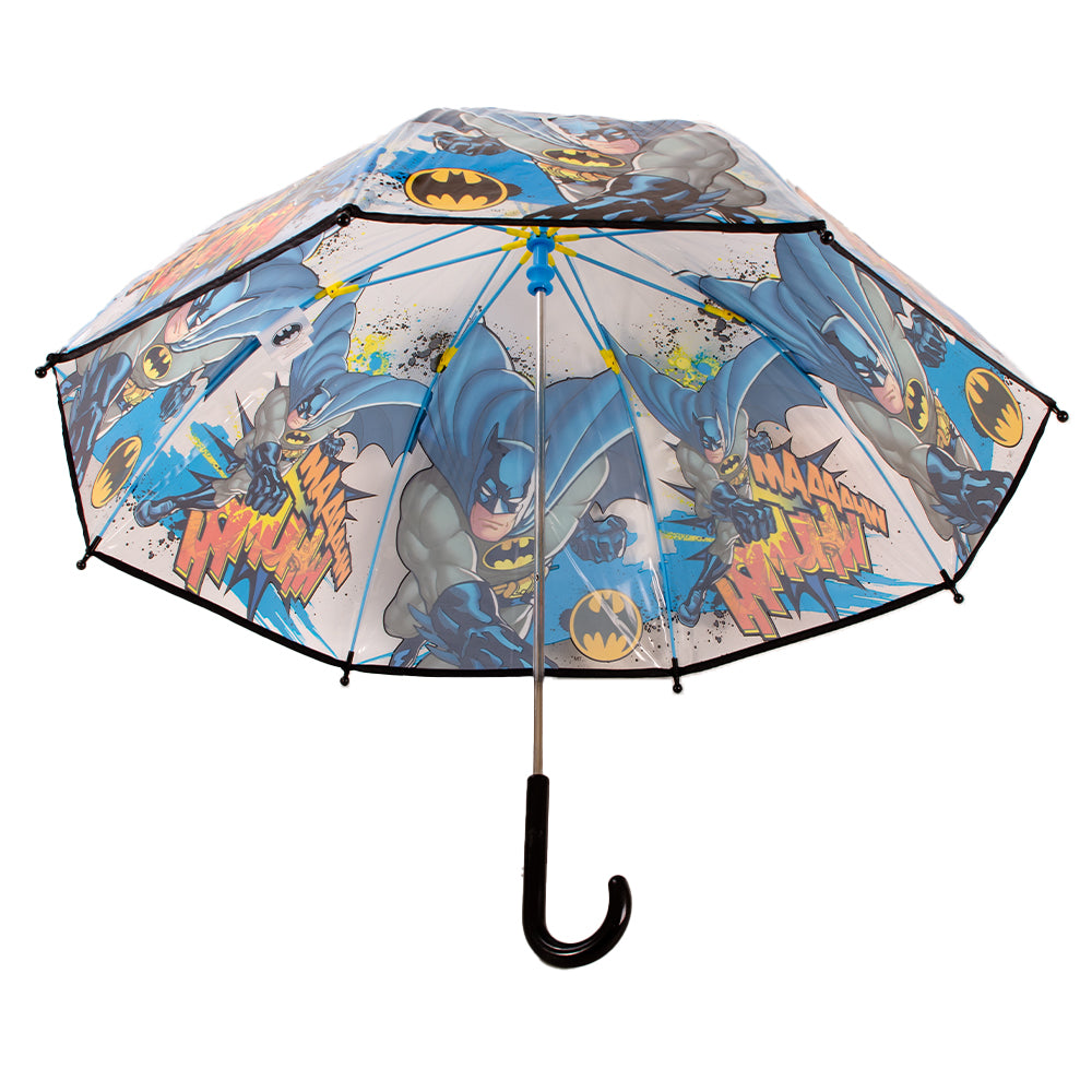 Batman kids umbrella with transparent dome canopy showing comic artwork, black curved handle, displayed open and folded on a white background 🦇☔