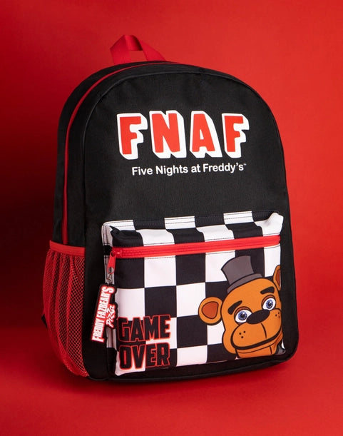 Five Nights at Freddy’s FNAF black backpack with Freddy Fazbear and checkerboard design