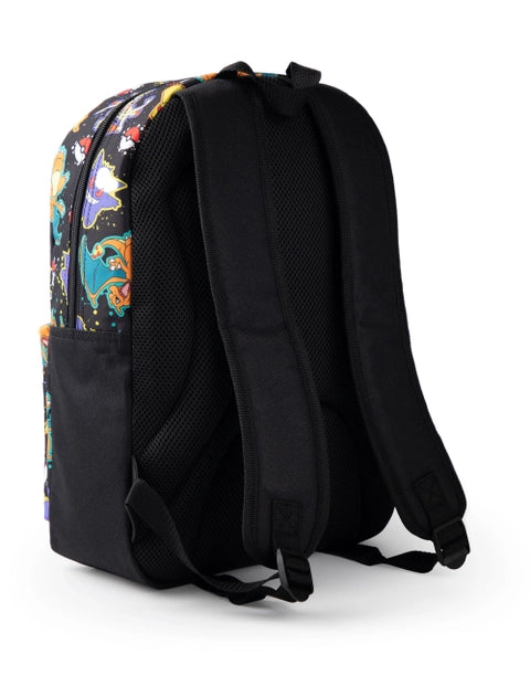 Black Pokémon kids backpack with colourful all-over print featuring Pikachu, Charizard, Gengar, Meowth and Poké Balls.