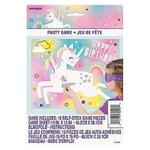 Unicorn Party Game board with pieces and blindfold
