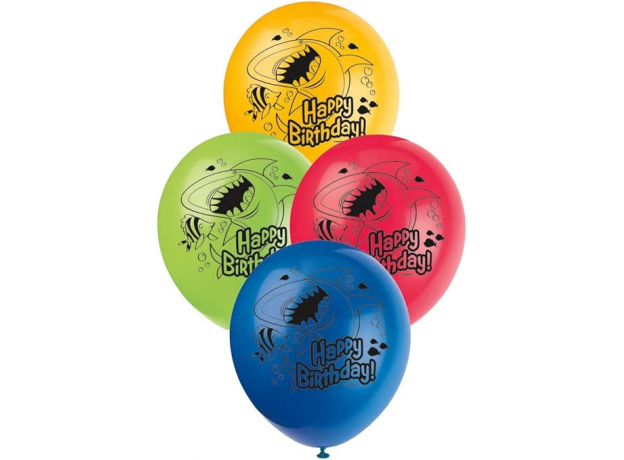 Ocean shark happy birthday printed latex balloons 12 inch pack of 8

