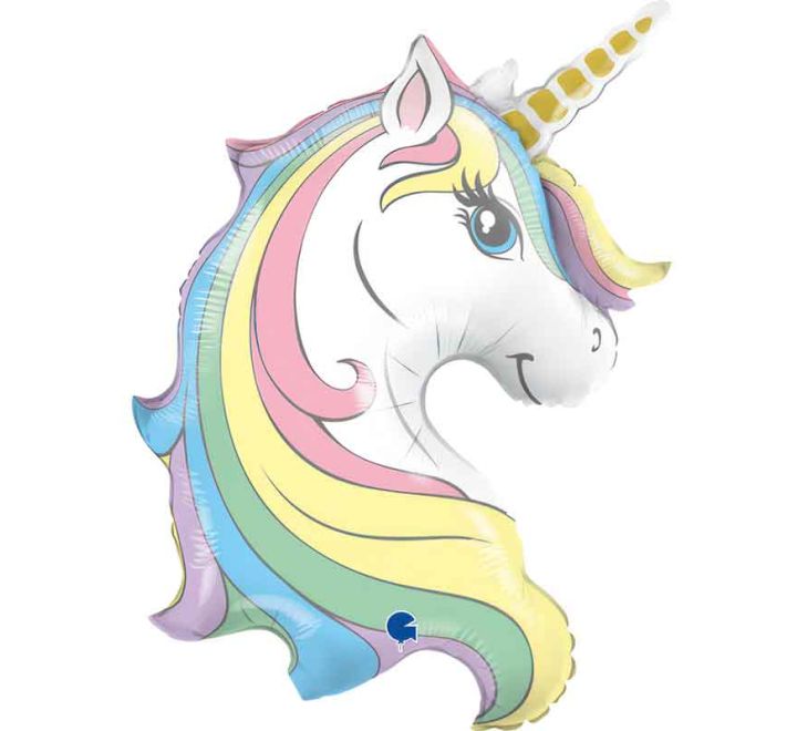 Pastel rainbow unicorn foil balloon with golden horn and illustrated unicorn face.

