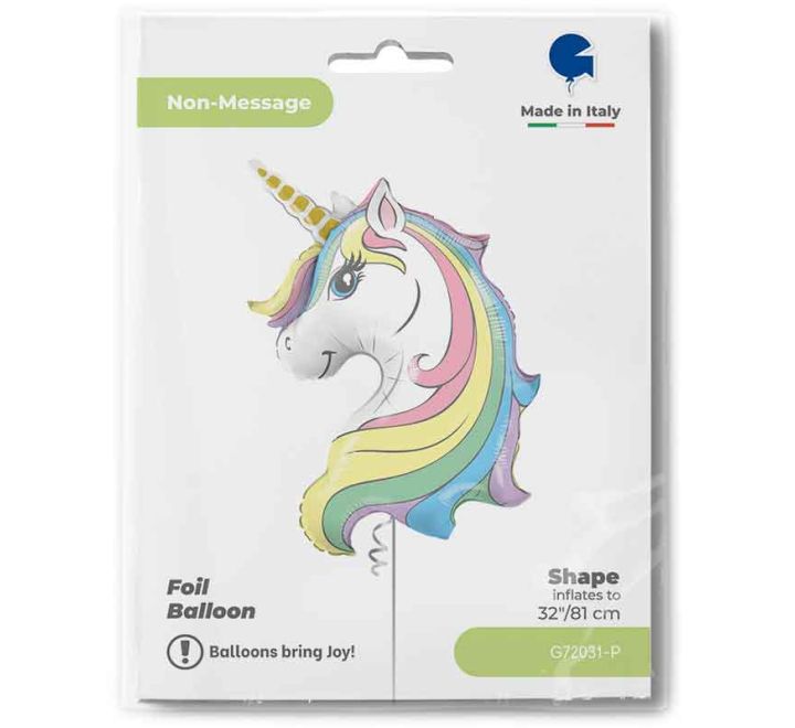 Pastel rainbow unicorn foil balloon with golden horn and illustrated unicorn face.

