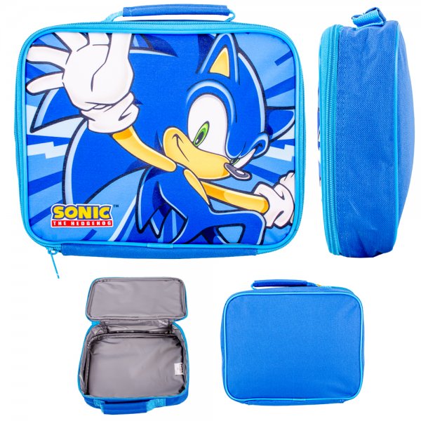 Blue Sonic the Hedgehog insulated lunch bag showing front, back, side and open interior view