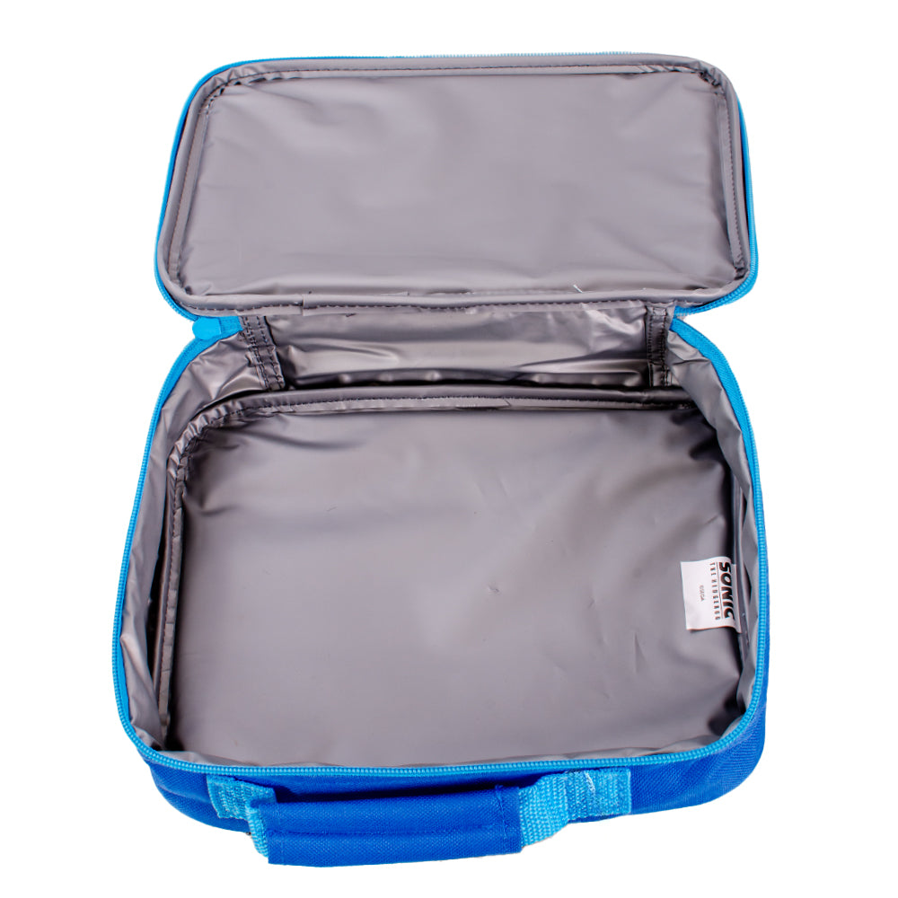 Blue Sonic the Hedgehog insulated lunch bag showing front, back, side and open interior view