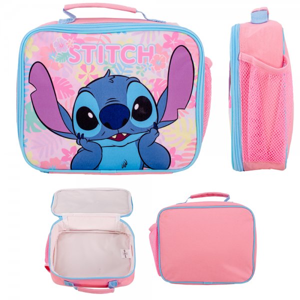 Pink and blue Stitch insulated lunch bag showing front, side pocket, back and open interior view