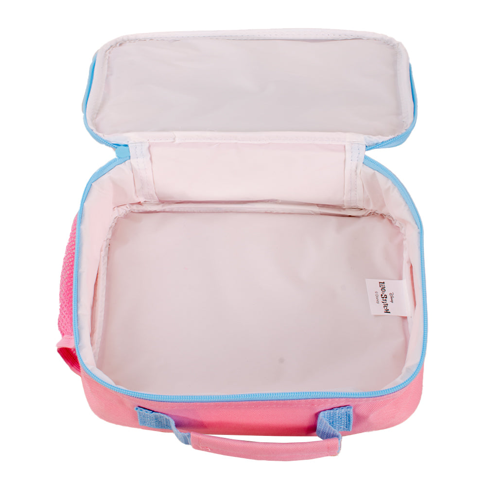 Pink and blue Stitch insulated lunch bag showing front, side pocket, back and open interior view